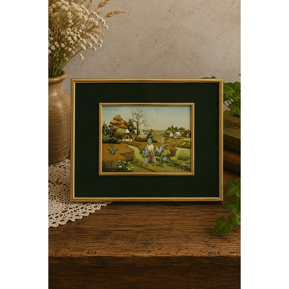 Vintage 1980s Dufex Foil Print Summer Rural Village Scene Framed Wall Art Unique